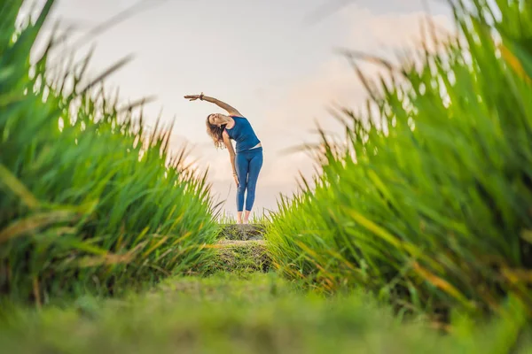 Mladá žena cvičím jógu venkovní v rýžových polích ráno během wellness retreat Bali — Stock fotografie