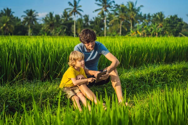 Papá e hijo sentados en el campo sosteniendo la tableta. Niño sentado en la hierba en el día soleado. Educación en el hogar o jugar una tableta —  Fotos de Stock