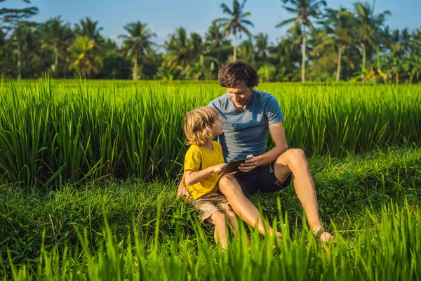 Otec a syn sedí na poli a drží tabletu. Chlapec sedí za slunného dne v trávě. Domácí výuka nebo hraní tabletu — Stock fotografie