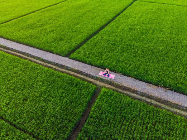 Giovane donna pratica yoga all'aperto nelle risaie al mattino durante il ritiro benessere a Bali. Vista dal drone — Foto Stock