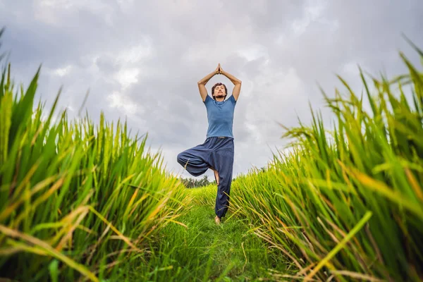 Ember csinál jóga a rizs területén — Stock Fotó