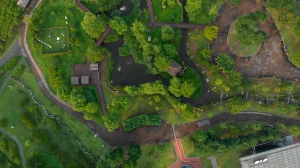 Foto aérea de un hermoso parque con césped verde y pequeño río — Vídeos de Stock