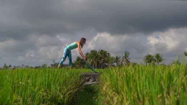 Slowmotion steadicam tiro de uma jovem praticando ioga em um belo campo de arroz — Vídeo de Stock