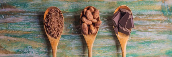 Löffel mit Kakaopulver, Kakaobohnen und Schokoladenstücken, Langformat — Stockfoto