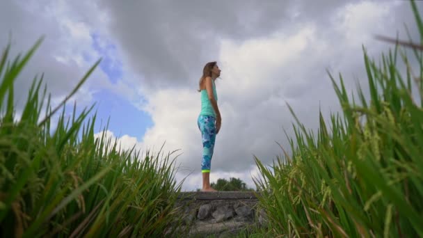 Slowmotion steadicam tiro de uma jovem mulher com ioga matemática andando através de um belo campo de arroz — Vídeo de Stock