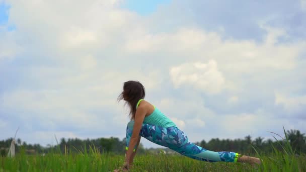 Slowmotion tiro de uma jovem mulher praticando ioga em um belo campo de arroz — Vídeo de Stock