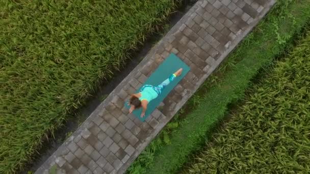 Повітряний повільний знімок молодої жінки, що практикує йогу на красивому рисовому полі — стокове відео