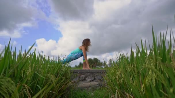 Slowmotion Steadicam shot van een jonge vrouw met yoga math wandelen door een prachtige rijstveld — Stockvideo