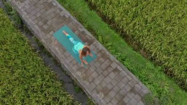Aerial Slowmotion tiro de uma jovem praticando ioga em um belo campo de arroz — Vídeo de Stock
