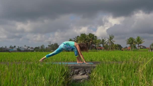 一个年轻女子在美丽的稻田练习瑜伽的慢动作稳定拍摄 — 图库视频影像