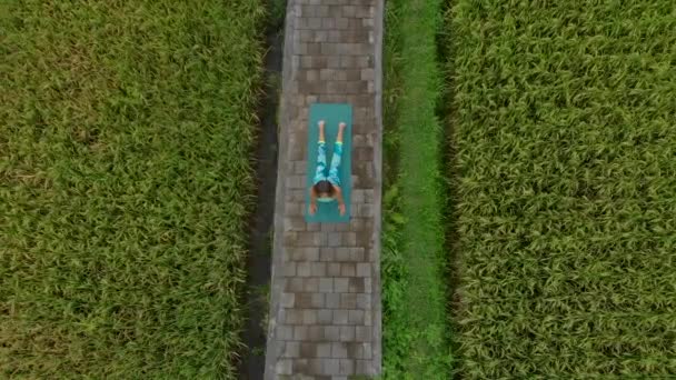 Aerial slowmotion shot van een jonge vrouw die yoga beoefenen op een prachtig rijstveld — Stockvideo