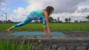 Yoga matematik güzel bir pirinç alanında yürürken genç bir kadının Slowmotion steadicam atış
