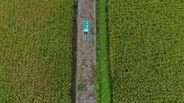 Aerial slowmotion shot van een jonge vrouw die yoga beoefenen op een prachtig rijstveld — Stockvideo