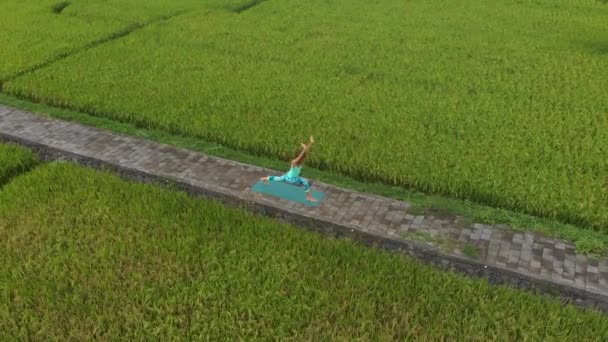 Foto en cámara lenta aérea de una joven practicando yoga en un hermoso campo de arroz — Vídeos de Stock