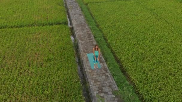 Foto en cámara lenta aérea de una joven practicando yoga en un hermoso campo de arroz — Vídeos de Stock