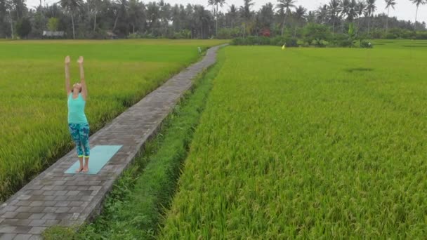 Aerial Slowmotion tiro de uma jovem praticando ioga em um belo campo de arroz — Vídeo de Stock