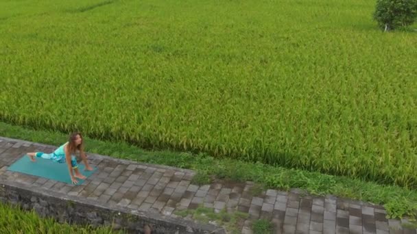 Foto en cámara lenta aérea de una joven practicando yoga en un hermoso campo de arroz — Vídeo de stock