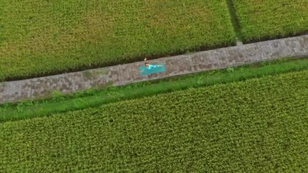 Foto en cámara lenta aérea de una joven practicando yoga en un hermoso campo de arroz — Vídeo de stock