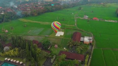 Büyük yeşil pirinç tarlasının üzerinde uçan sıcak hava balonunun hava görüntüsü. Bali 'ye Seyahat kavramı.