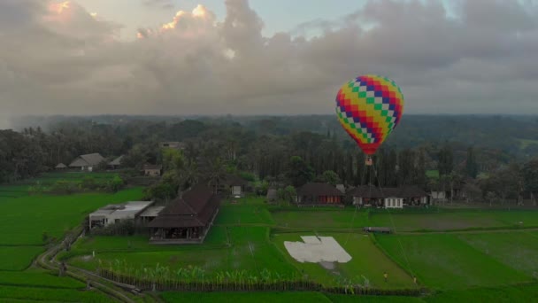 Снимок воздушного шара, летящего над большим зеленым рисовым полем. Концепция путешествия на Бали . — стоковое видео