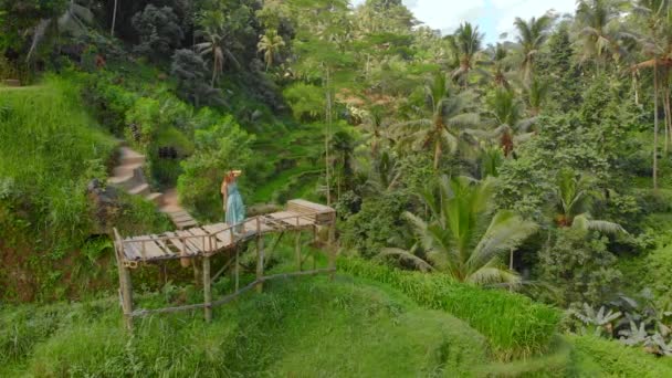 Foto udara seorang wanita muda yang cantik dengan gaun biru yang mengunjungi Teras Beras Tegalalang yang terkenal di desa Ubud di pulau Bali — Stok Video