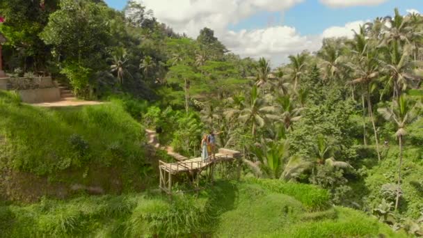 Повітряний постріл щасливого сімейного туриста, який відвідує відомі тераси Tegalalalang Rice Terrace в селі Убуд на острові Балі. — стокове відео