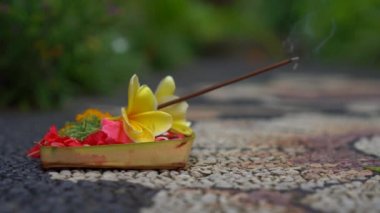 Yerel tapınaktaki tanrılara sunulan Bali adaklarını yakından çek. Bali gelenekleri. Balili Hinduizm