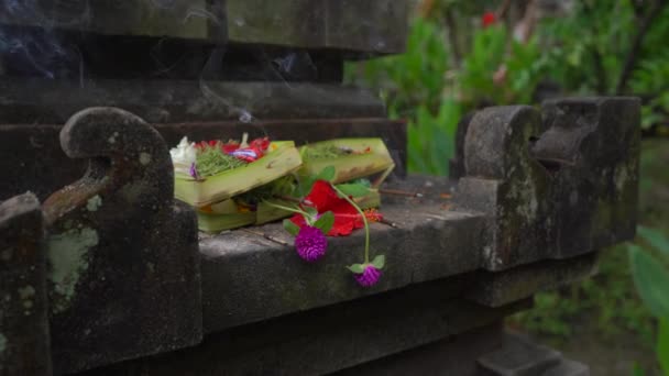 Foto ravvicinata delle offerte balinesi agli dei nel tempio locale. Le tradizioni balinesi. Induismo balinese — Video Stock
