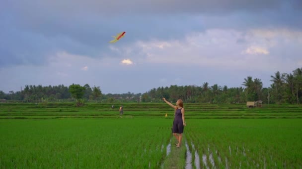 Медленный снимок молодой женщины с воздушным змеем, идущей по большому красивому рисовому полю — стоковое видео