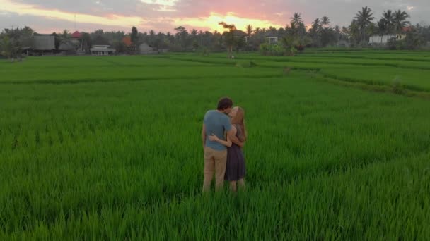 Luchtfoto van een gelukkige familie toeristen die de zonsondergang ontmoeten op een prachtig rijstveld. Reizen naar Azië concept. Reis naar Bali concept — Stockvideo