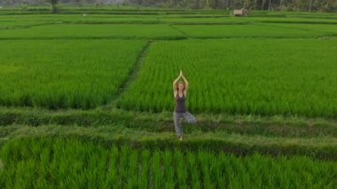 Gün batımında muhteşem bir pirinç tarlasında yoga yapan bir kadının havadan çekilmiş fotoğrafı.