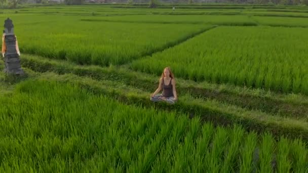 Снимок женщины, медитирующей на чудесном рисовом поле во время восхода и захода солнца — стоковое видео