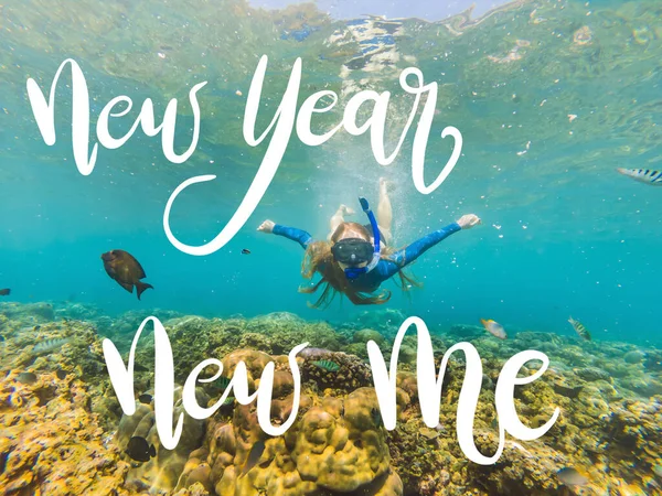 NEW YEAR NEW ME concept Happy woman in snorkeling mask dive underwater with tropical fishes in coral reef sea pool. Travel lifestyle, water sport outdoor adventure, swimming lessons on summer beach