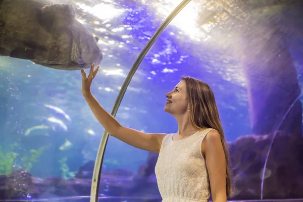 Uma jovem toca num peixe raivoso num túnel oceânico. — Fotografia de Stock