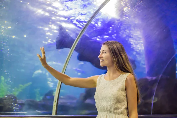 Een jonge vrouw raakt een pijlstaartrog vis in een oceanarium tunnel aan — Stockfoto