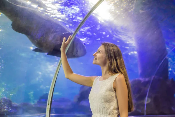 Uma jovem toca num peixe raivoso num túnel oceânico. — Fotografia de Stock