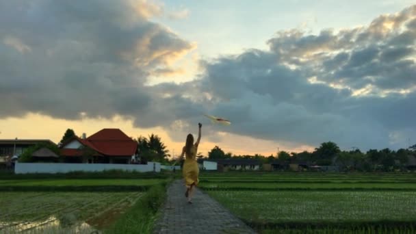 Una joven corre con una cometa en un hermoso campo de arroz. Disparo en un teléfono — Vídeos de Stock