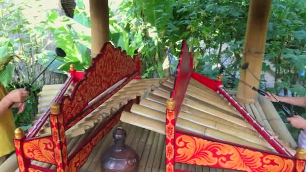 Deux petits garçons jouent sur un xylophone traditionnel en bambou. Tourné sur un téléphone — Video