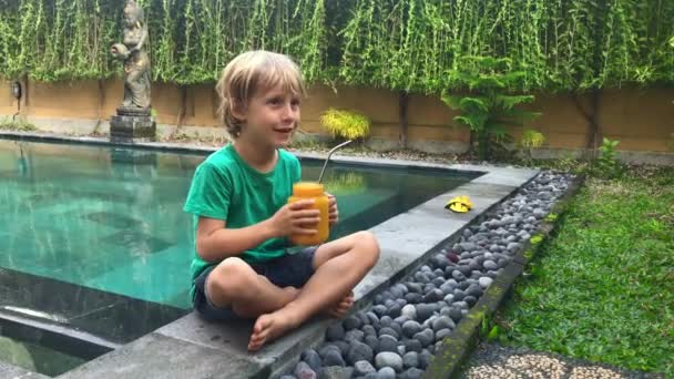 El niño bebe batido de frutas de un vaso usando una pajita de beber inoxidable. Reducir el uso de plástico. Disparo en un teléfono — Vídeos de Stock