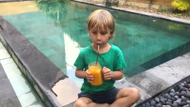 El niño bebe batido de frutas de un vaso usando una pajita de beber inoxidable. Reducir el uso de plástico. Disparo en un teléfono — Vídeos de Stock