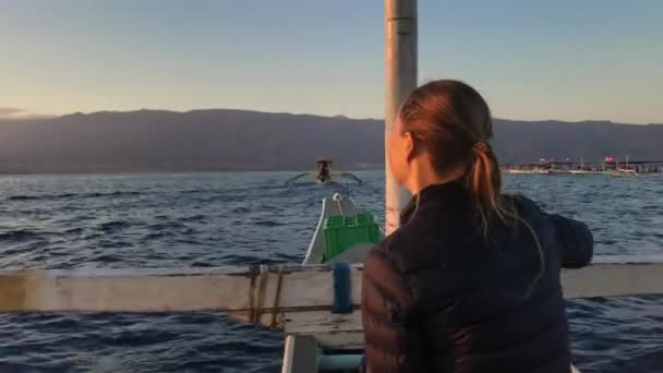 Un paseo al amanecer para encontrarse con delfines. Disparo en un teléfono — Vídeo de stock