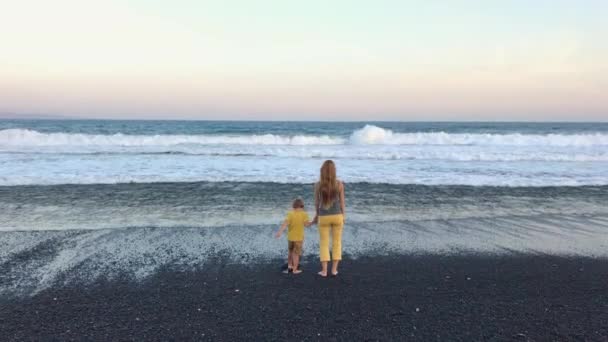 Una giovane donna e il suo piccolo figlio su una costa oceanica con sabbia vulcanica nera. Girato su un telefono — Video Stock