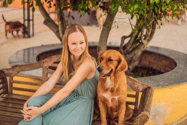 Mujer joven acariciando un lindo perro esponjoso — Foto de Stock