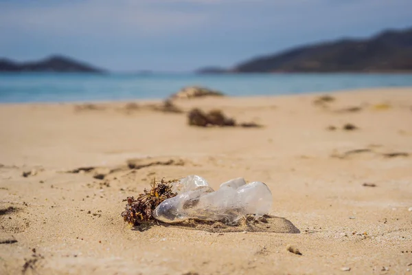 Basura en una playa, concepto de contaminación ambiental — Foto de Stock