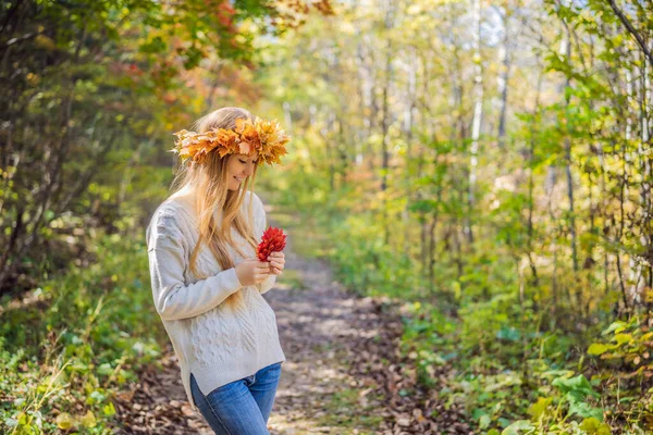 Buiten levensstijl close-up portret van charmante blonde jonge vrouw dragen van een krans van herfstbladeren. Lachen, wandelen in het herfstpark. Draag stijlvol gebreide trui. Toorn van esdoornbladeren — Stockfoto