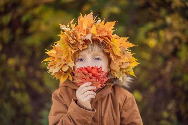 Ritratto di bambino sorridente con ghirlanda di foglie sullo sfondo del soleggiato parco autunnale — Foto Stock