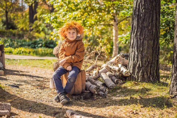 Portrait of little smiling child with wreath of leaves on head background of sunny autumn park — Stock Photo, Image