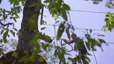 Macera parkında genç bir kadın. Emniyet kemeri takıyor. Yüksek bir ip patikasına tırmanıyor. Açık hava eğlence merkezi. Tırmanma faaliyetleri, kablo hatları ve her türlü engelden oluşuyor.