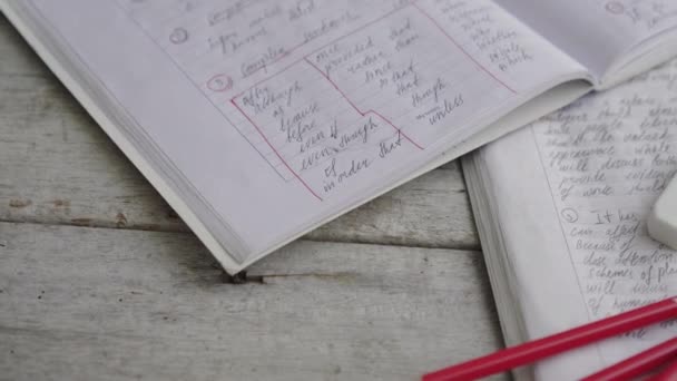 Sydney, Australië, 14.07.2020: IELTS rode potloden en essay notebook voor het Engelse bekwaamheidsexamen — Stockvideo