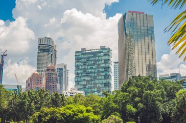 KUALA LUMPUR, MALAYSIA - 24 Şubat 2017: Şehir siluetinin arka planında tropikal bitkiler olan yeşil park. Ekoloji kavramı